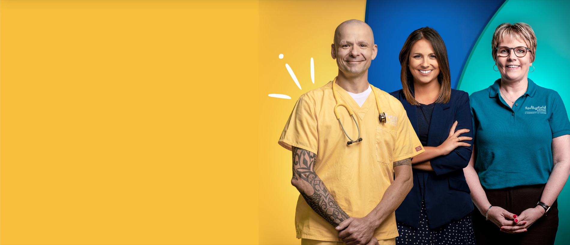Three Springfield Clinic team members, clinical, professional and support, against bold brand shapes