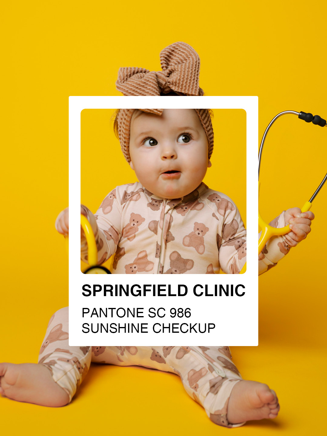 A baby with a stethoscope on a Pantone-style "Sunshine Checkup" card